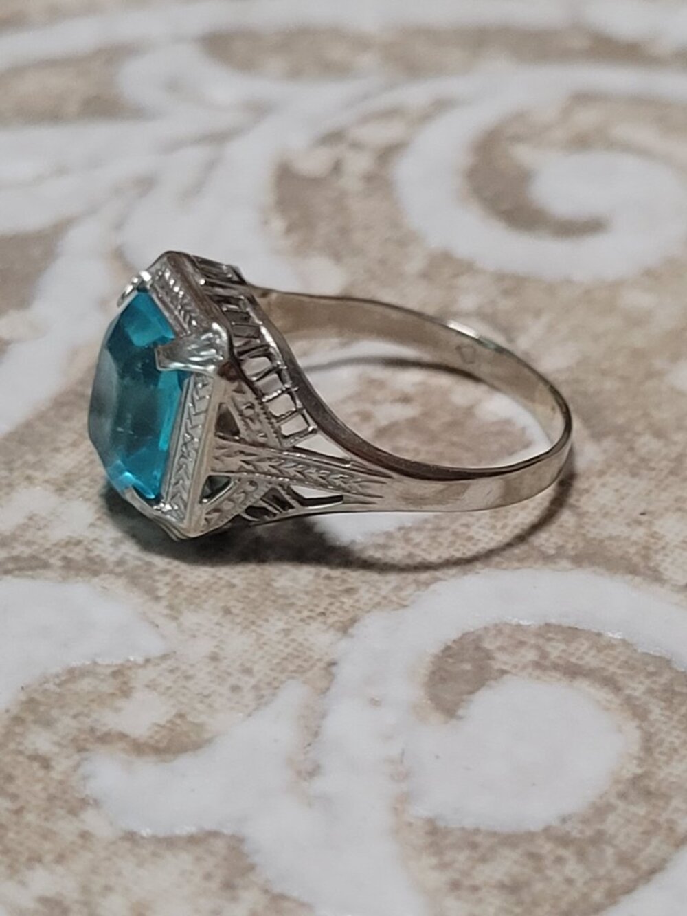 Art Deco Blue Topaz Glass Stone Gold Filigree Ring Vintage December Birthstone